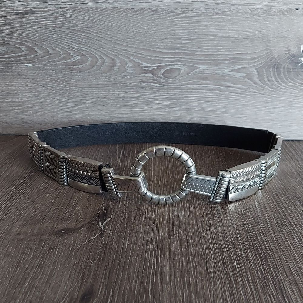 Chicos Black Leather Belt w/ Heavy Silver Black Blocks on Elastic sz Small